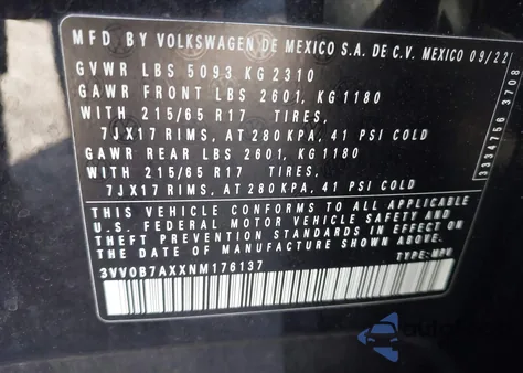2022 Volkswagen Tiguan 2.0T S из США, поврежденный, VIN 3VV0B7AXXNM176137